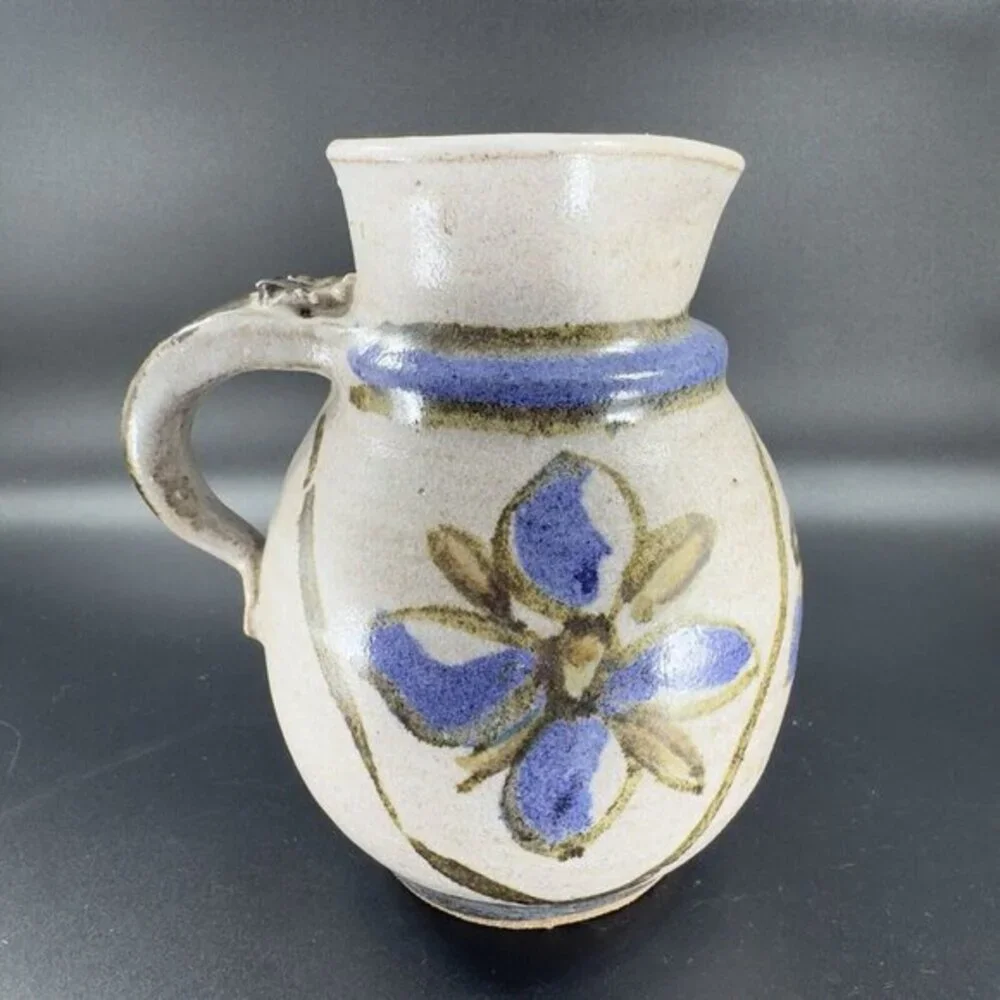Hand Made Stoneware‎ Pottery Pitcher Carafe Hand Painted Blue Flowers Vintage